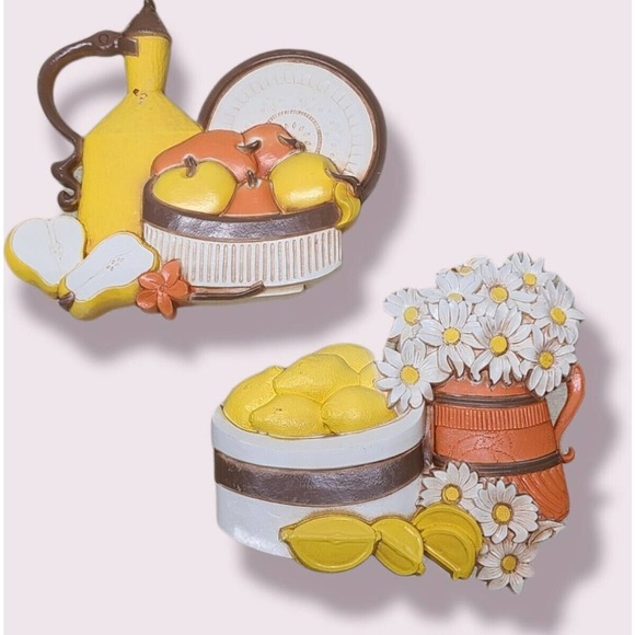 1980s Funky Syroco Lemons And Pears Kitchen Wall Plaque Set 7610 Made In USA - Picture 1 of 2